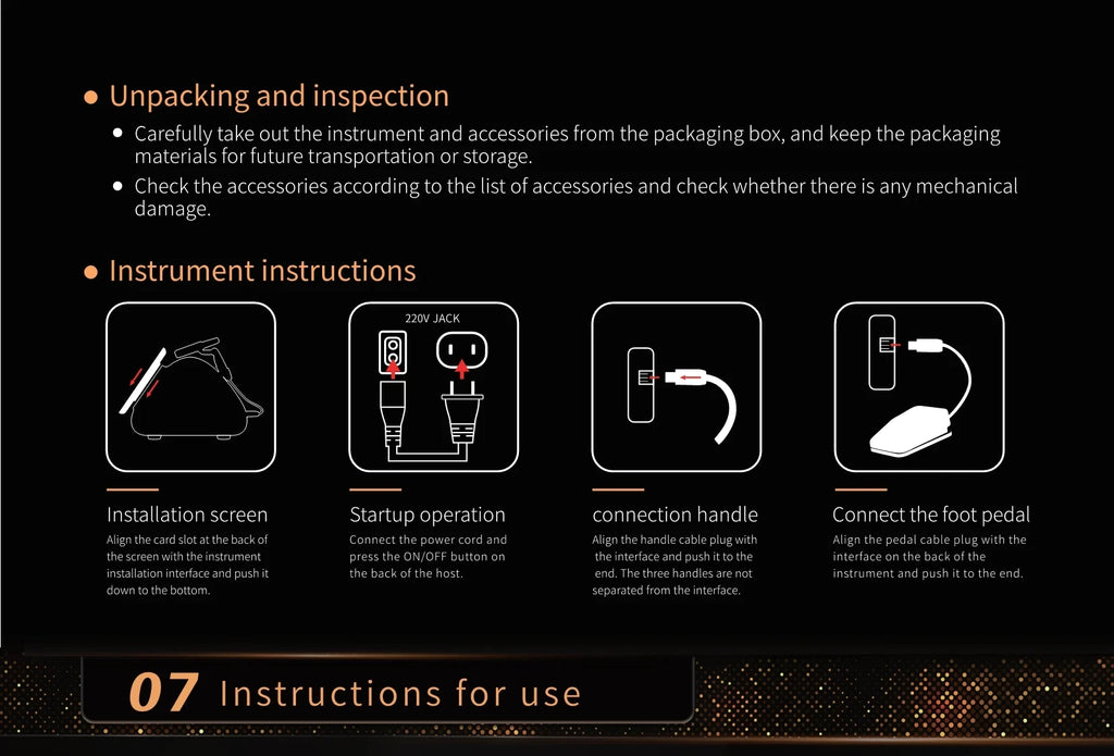 Setup guide for 12D professional facial lift and skin tightening machine, showing screen, power, and pedal connection.