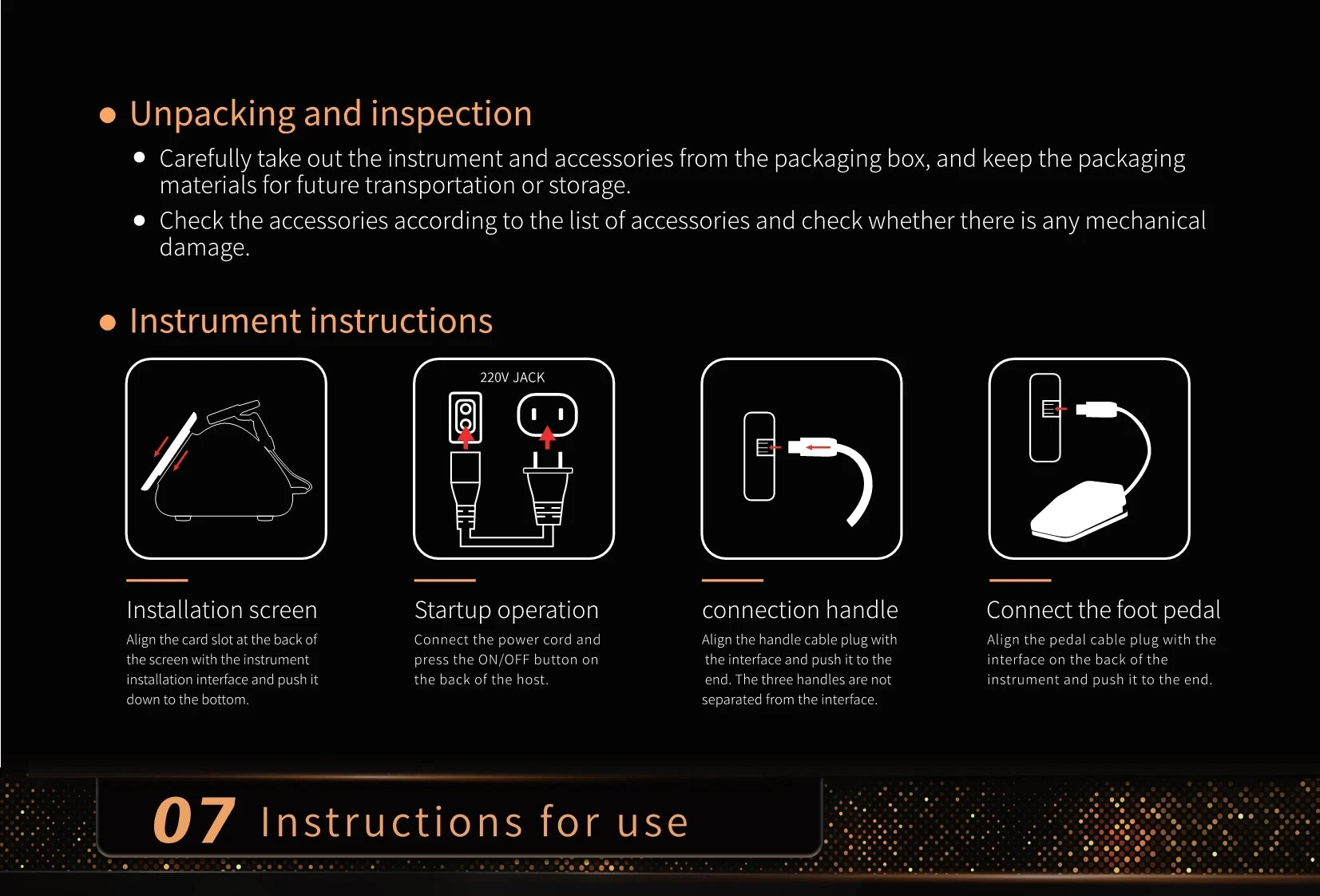 Setup guide for 12D professional facial lift and skin tightening machine, showing screen, power, and pedal connection.