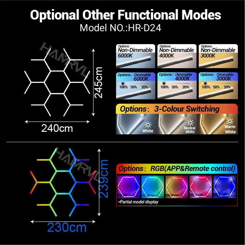 Hexagon honeycomb LED ceiling light panel layout with RGB color change and dimming options
