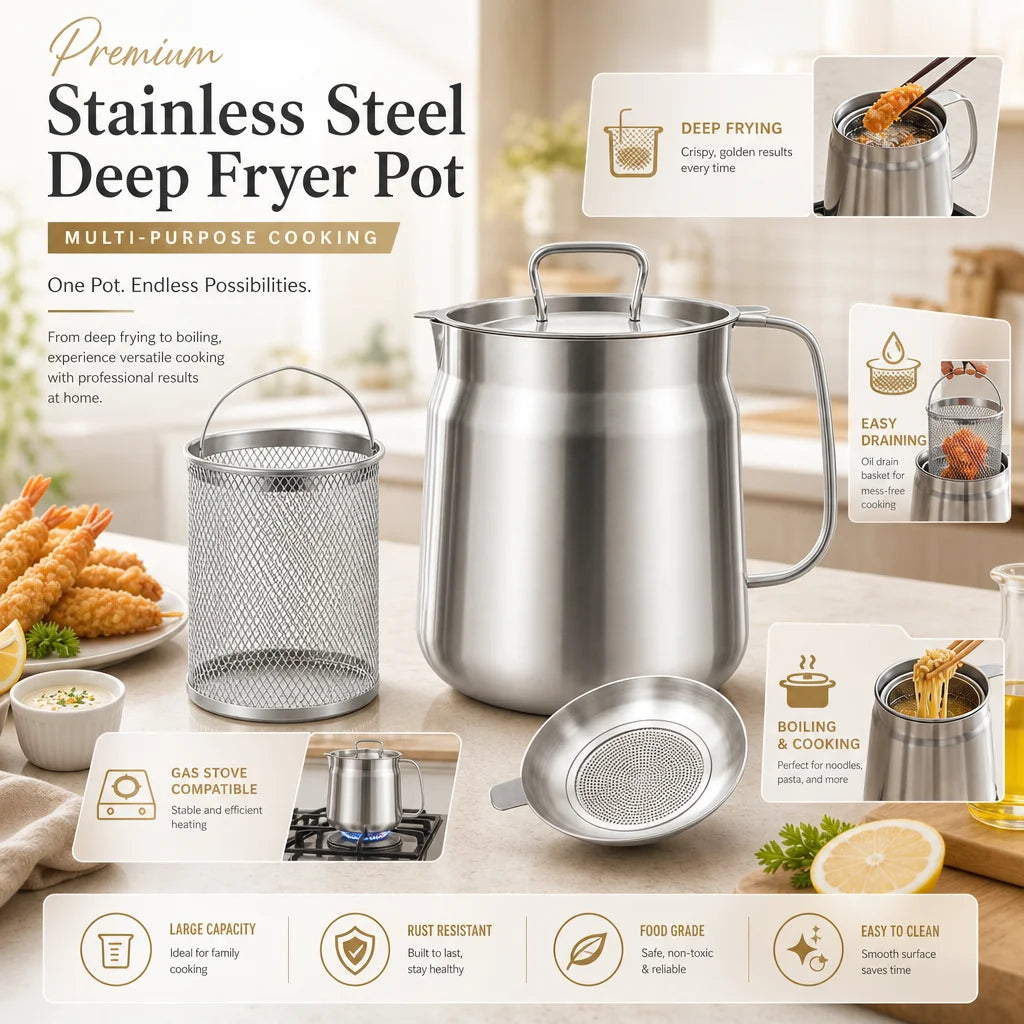 1.5L Stainless Steel Deep Fryer Pot with Basket and Oil Strainer, 304 Stainless Steel Deep Fryer Pot for French Fries and Chicke