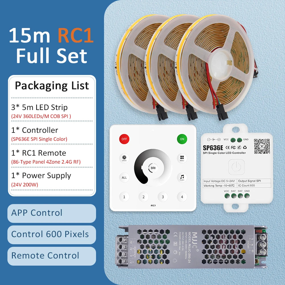 15m COB LED strip kit with controller, remote, and power supply