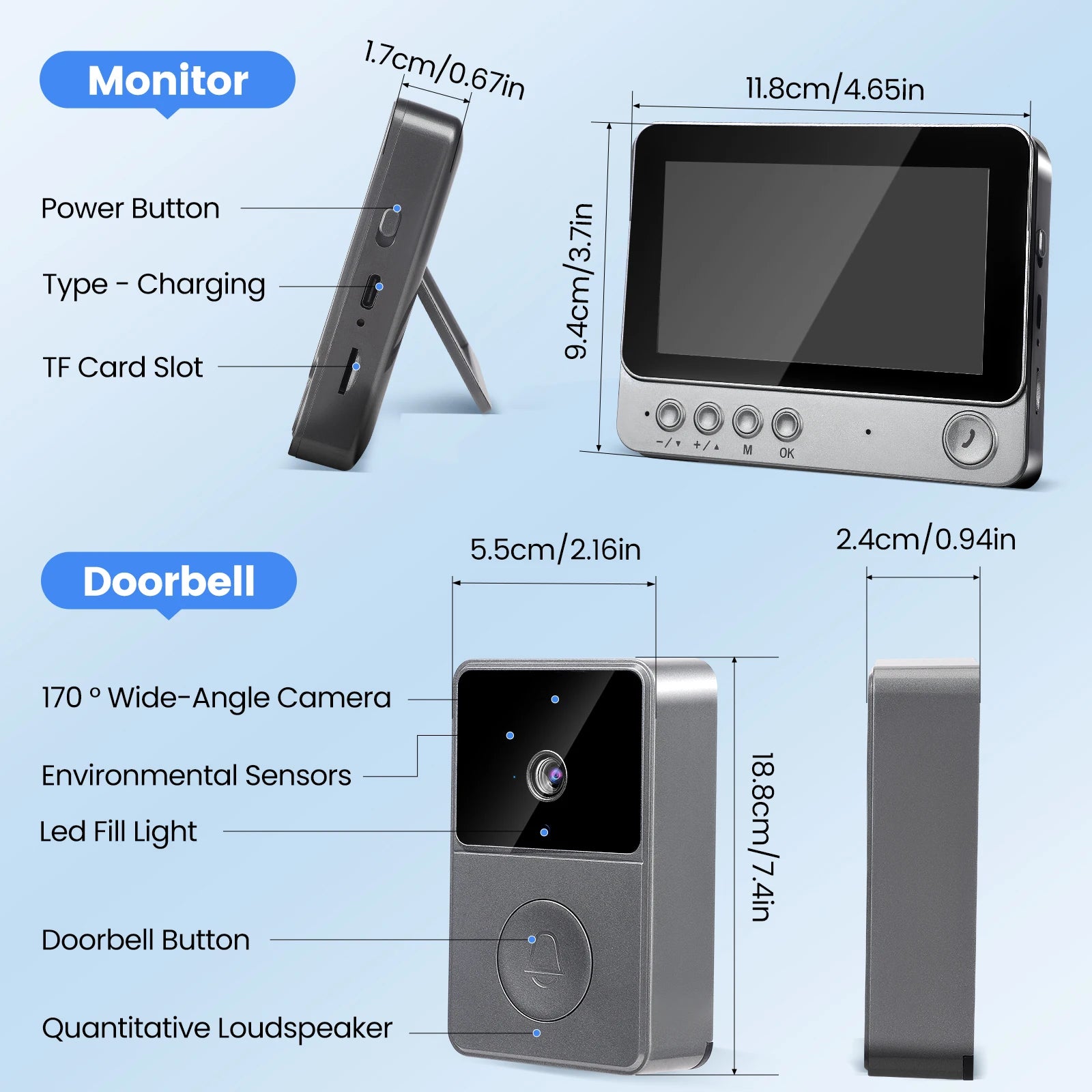 4.3 Inch Doorbell with Camera, Video Doorbell Radio IP65 Waterproof Door Intercom 170° Viewing Angle, Night Vision, 6 Ringtones