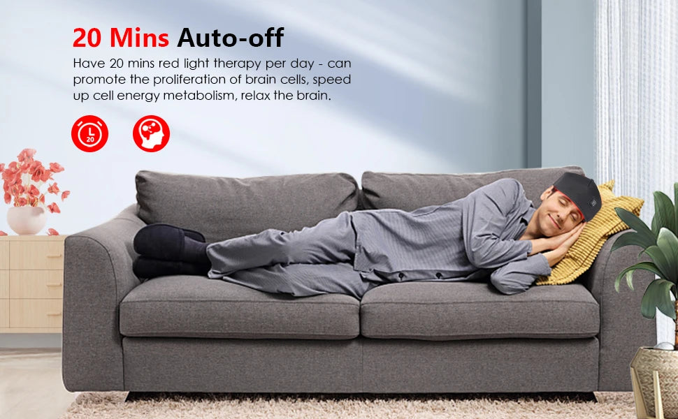 Man sleeping on couch wearing black LLLT red light therapy hair growth cap with 20-minute auto-off feature.