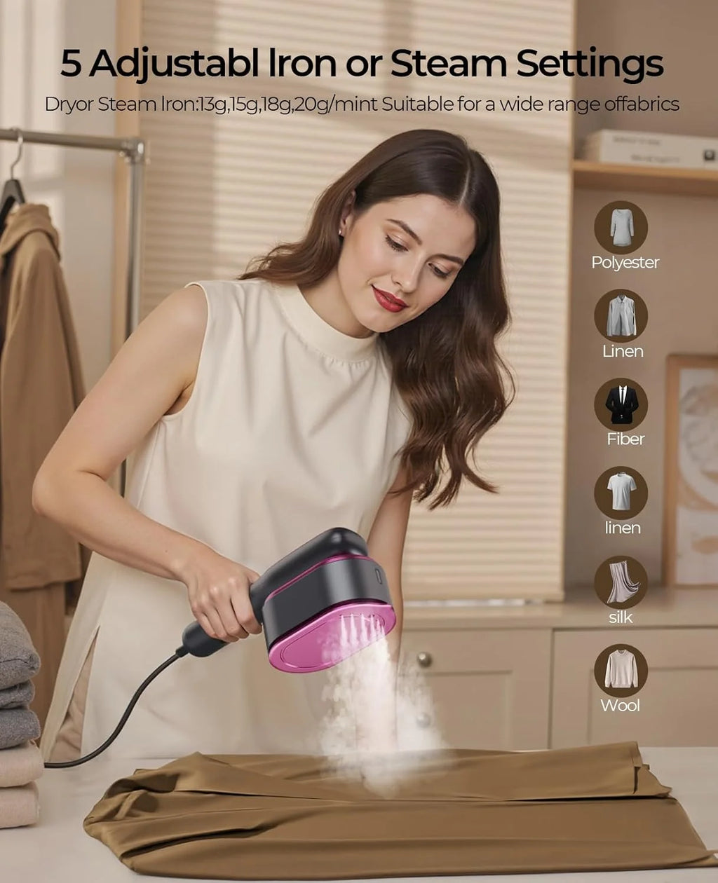 Tidesmit portable mini garment steamer featuring dual wet and dry ironing modes for home or travel use, side view.