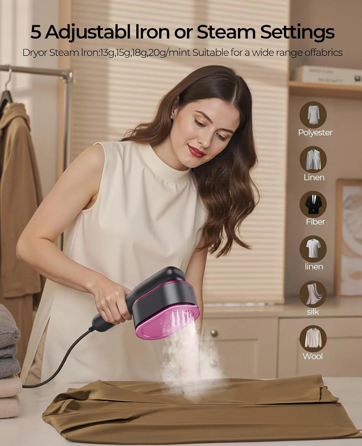 Tidesmit portable mini garment steamer featuring dual wet and dry ironing modes for home or travel use, side view.