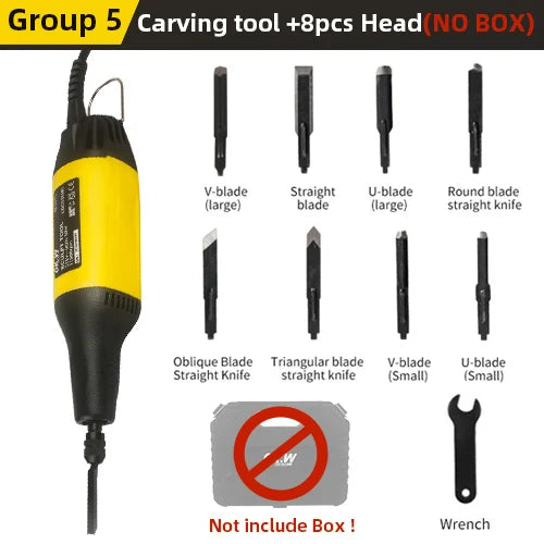Carving chisel tool set with yellow handle, V-blade bits, straight blade, U-blade, and wrench
