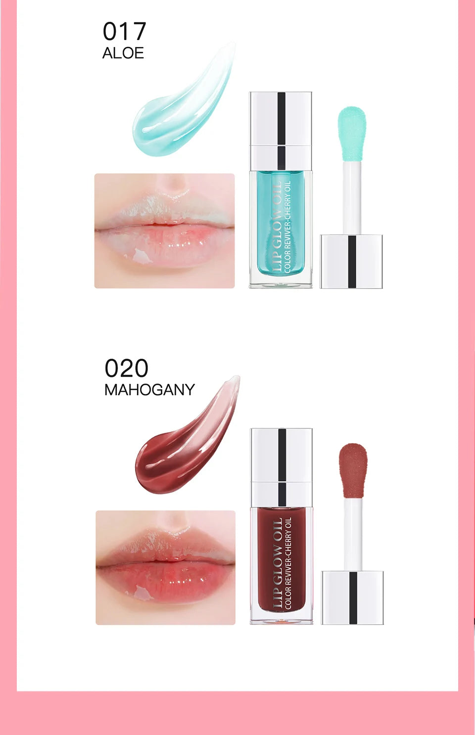 Moisturizing crystal lip oil in Aloe and Mahogany shades for a shiny, plumping tinted finish.