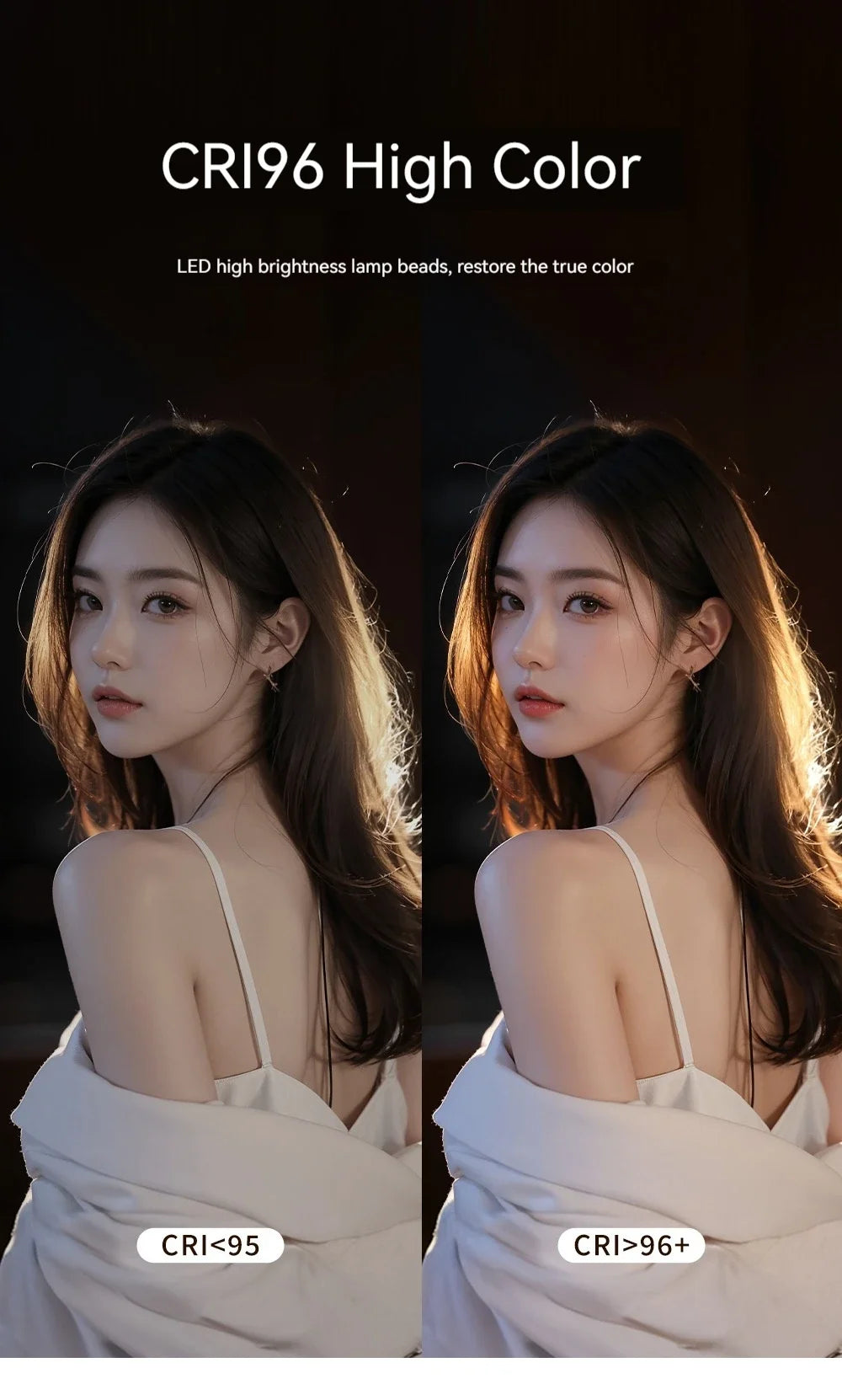 Side-by-side comparison of portrait photography showing improved color accuracy with CRI 96+ LED lighting.