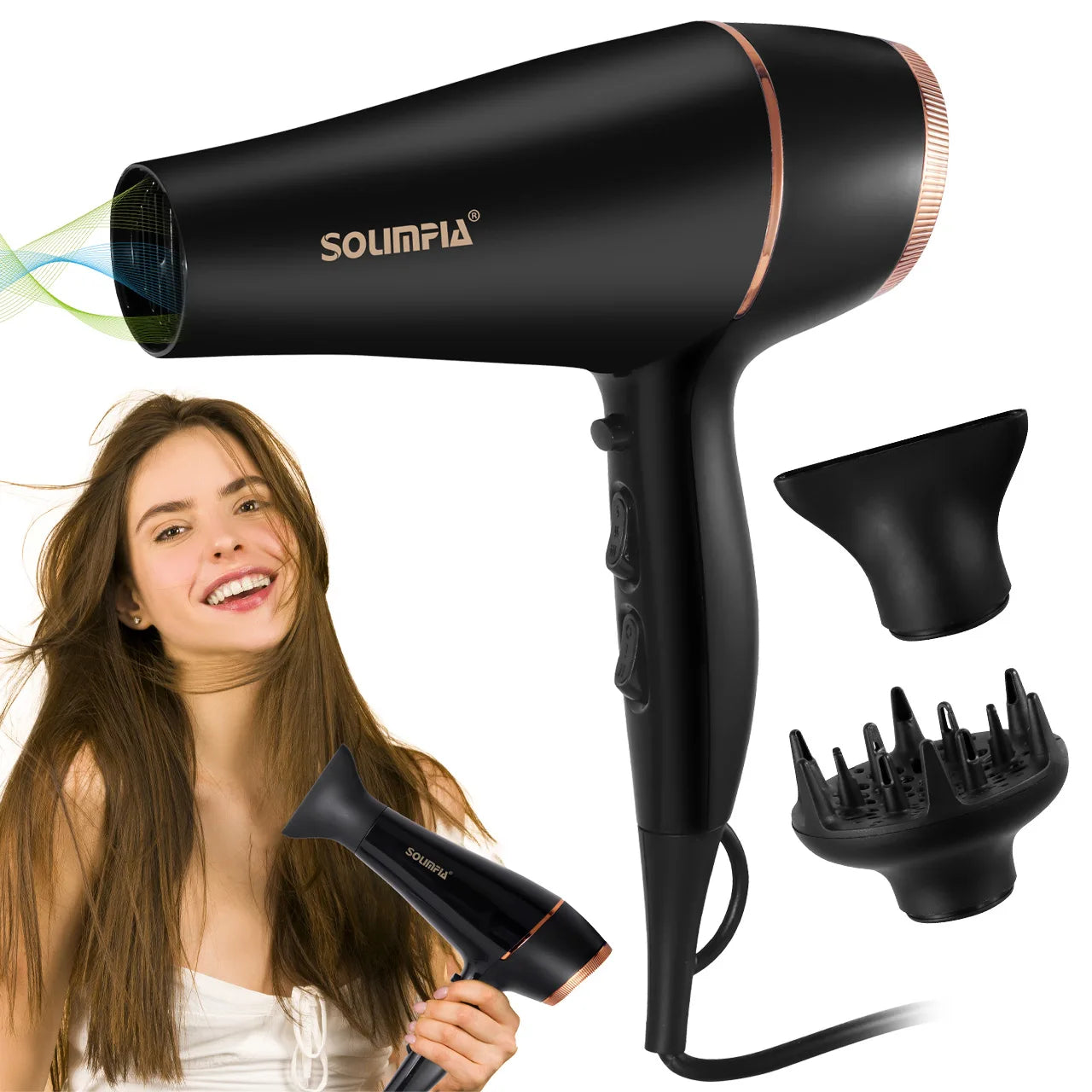 Black professional hair dryer with rose gold accents, nozzle, diffuser attachments, and 6-level heat settings for salon.