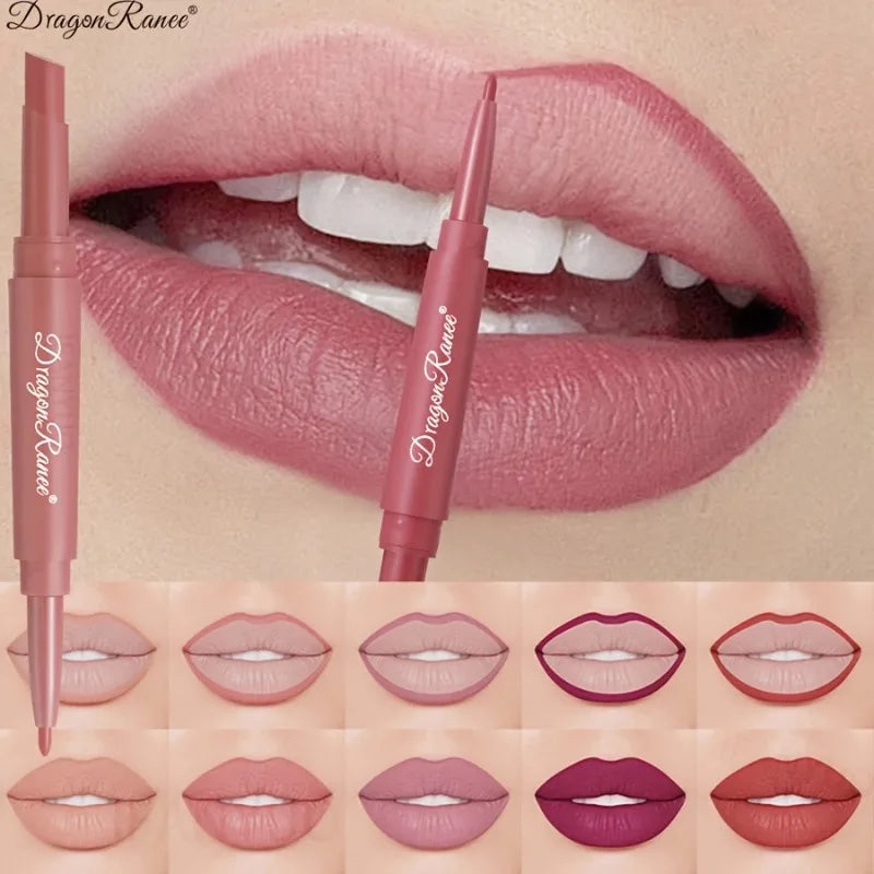 Dual-ended matte lip liner and lipstick pencil in rose red for a waterproof, long-lasting nude finish.