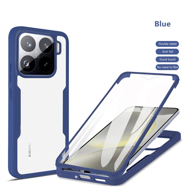 Blue 360-degree shockproof case for Xiaomi Pro Max, featuring a soft bumper and clear integrated screen protector.