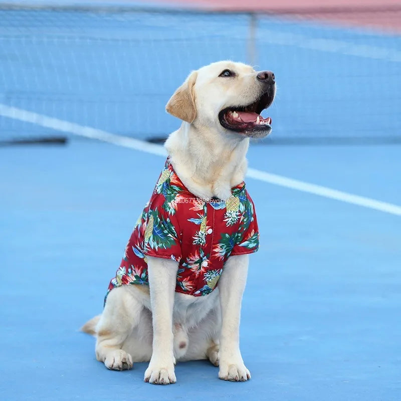 Dog wearing a breathable red Hawaiian summer shirt for comfortable, stylish pet fashion. Available in XS-5XL.