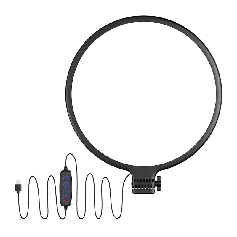 Black circular LED ring light for photography and video with a wired USB controller and adjustable mounting bracket.