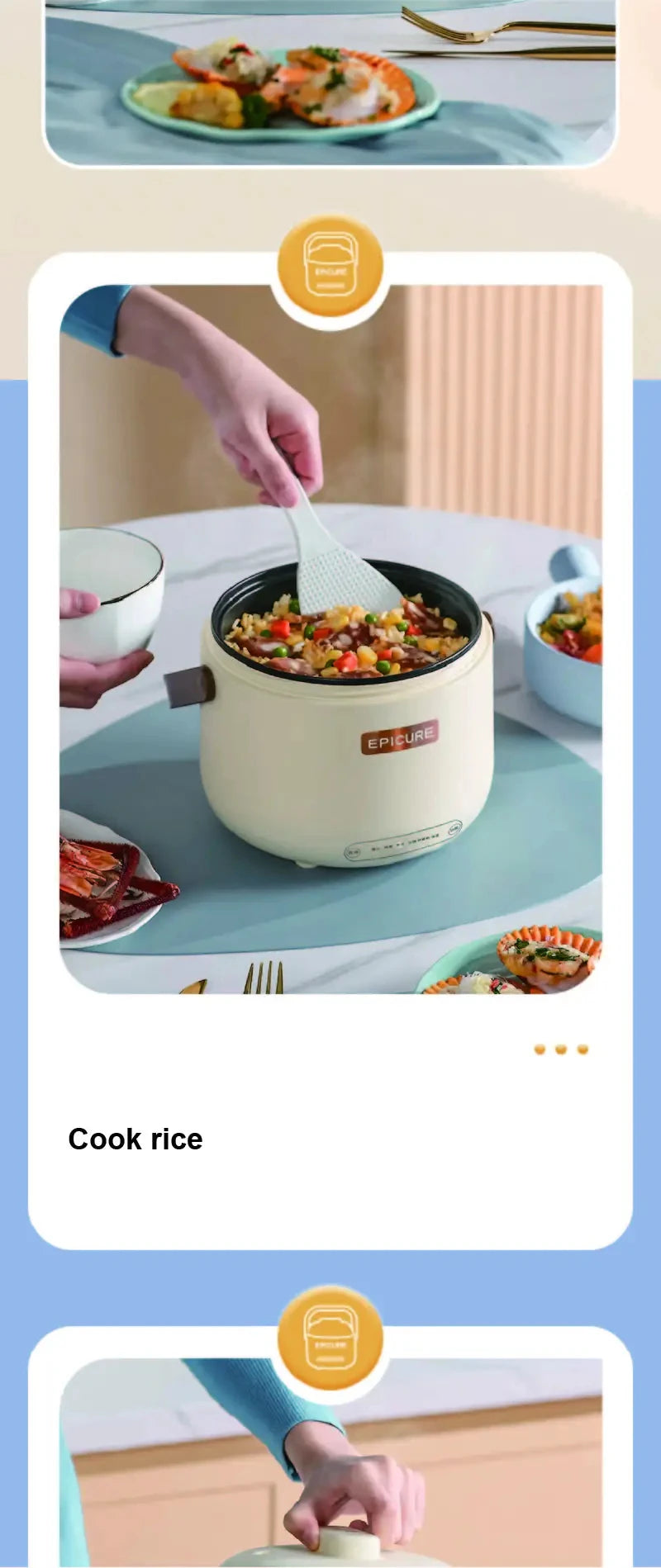 White electric rice cooker with inner pot, hand adding ingredients