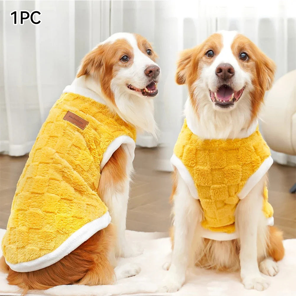 Dog wearing a warm yellow fleece winter sweater vest, soft plush pet clothing for small to large dogs.