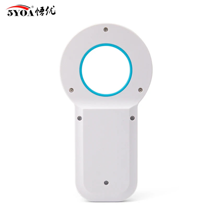 5YOA handheld pet microchip scanner with OLED display for dog and cat RFID identification. Rechargeable white reader.