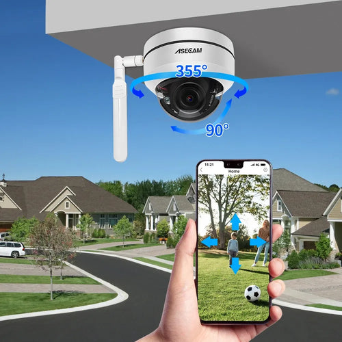 White PTZ dome security camera with extended side arm, front lens visible