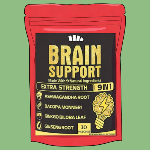 Red pouch of 30 ashwagandha stress relief patches, an adaptogen brain support supplement for cognitive health.