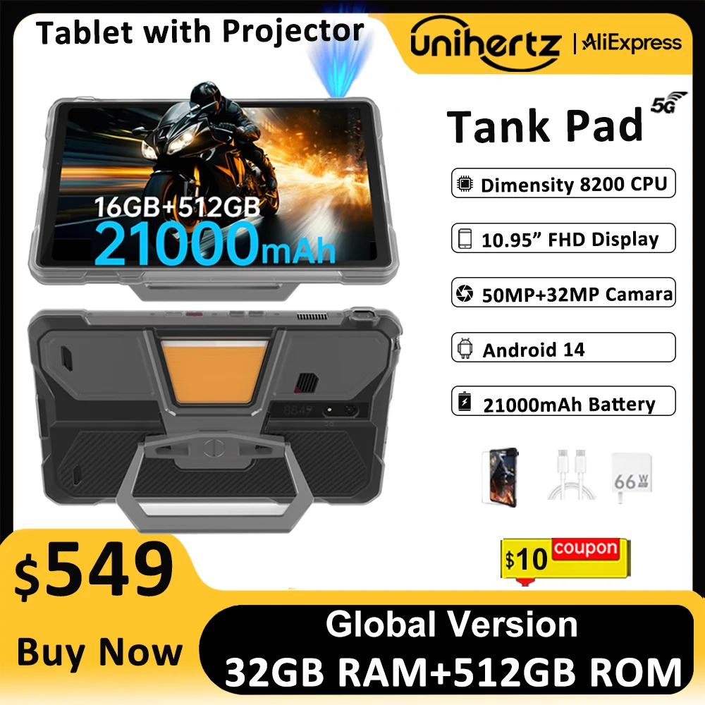 Unihertz Tank PAD 8849 Rugged Projector Phone Tablet Android 32GB 512GB 21000mAh 10.95" FHD Dual Speaker Waterproof Tablet