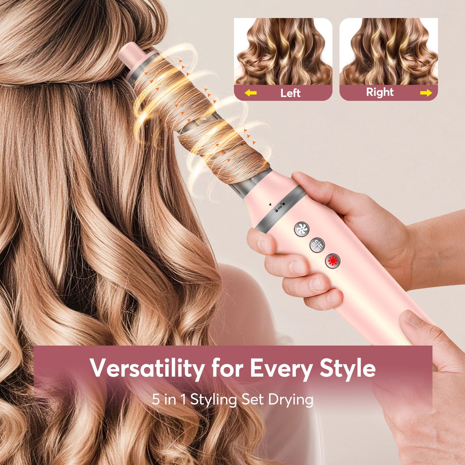 Pink 5-in-1 hot air styler with auto-wrap curler creating soft waves. Professional 1200W hair dryer brush for styling.