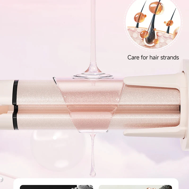 Rose gold automatic curling iron with negative ion care and smart heat protection for smooth, tangle-free styling.