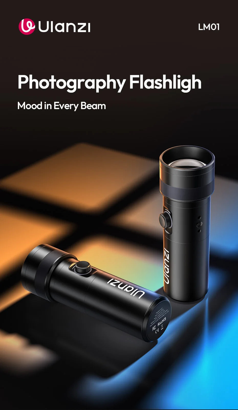 Two black, cylindrical LED photography flashlights with side buttons on a dark, reflective surface.