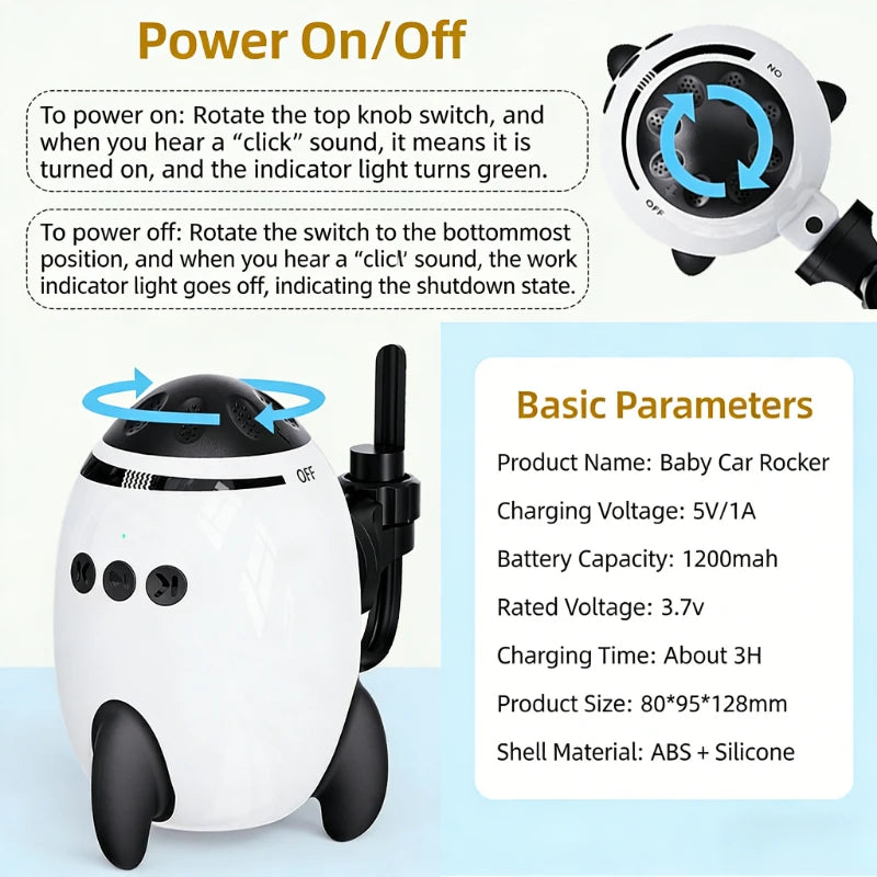 Portable Baby Cart Calming Device Multi-functional Wireless Bluetooth Sleep Aid Vibrating with Soothing Music White Noise Sounds