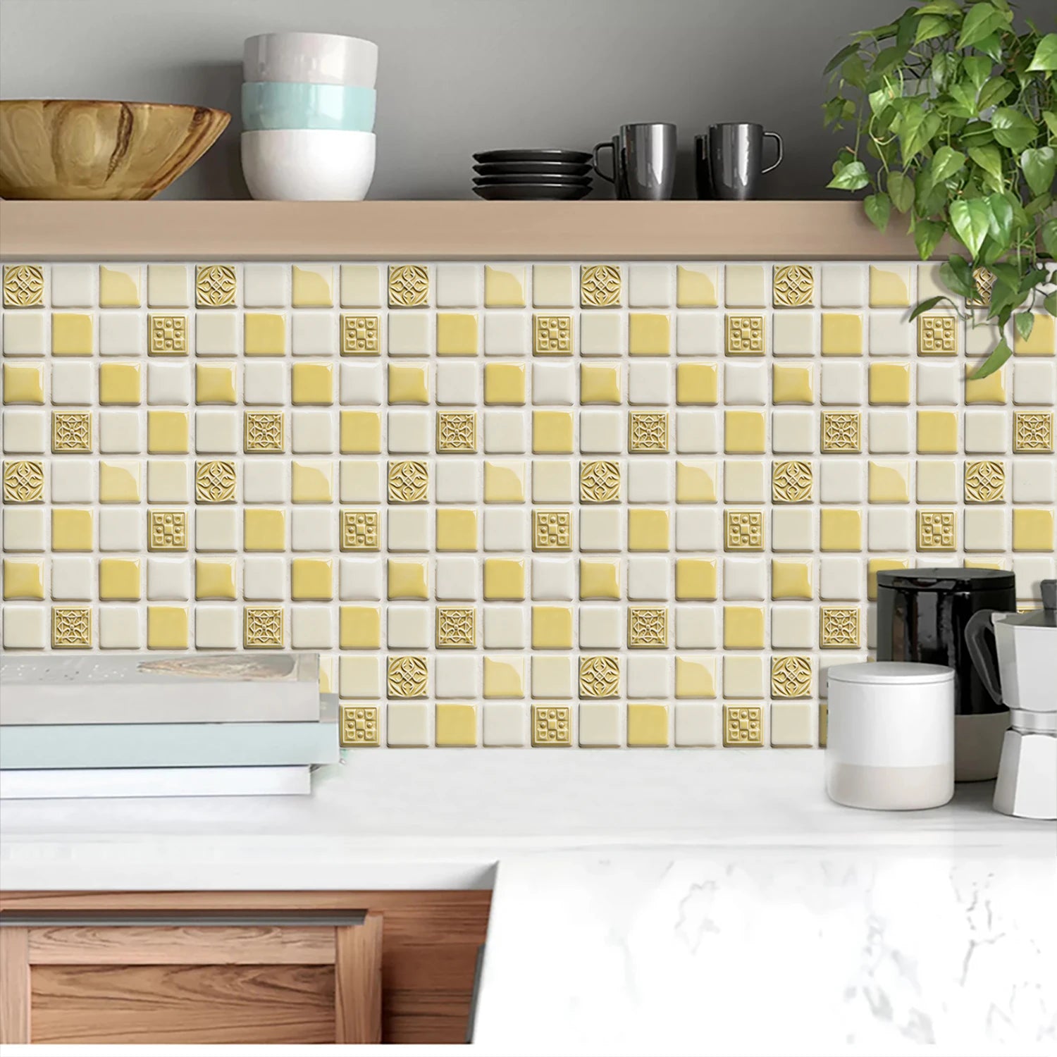 10pcs Flat Mosaic Tiles Sticker Set Kitchen Bathroom Wall Decals Gloss Waterproof Film 2D Surface Cover Transfers for Home Decor