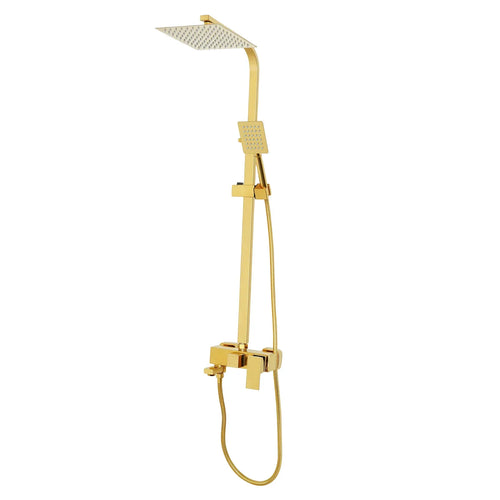 Gold shower column set with square rain head, handheld sprayer, and flexible hose