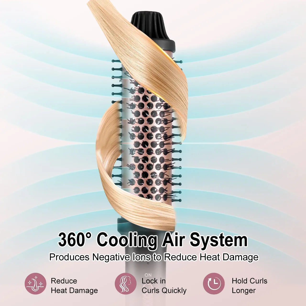 Hatteker rose gold electric curling brush with 360° cooling air, ionic tech for damage-free styling and lasting curls.
