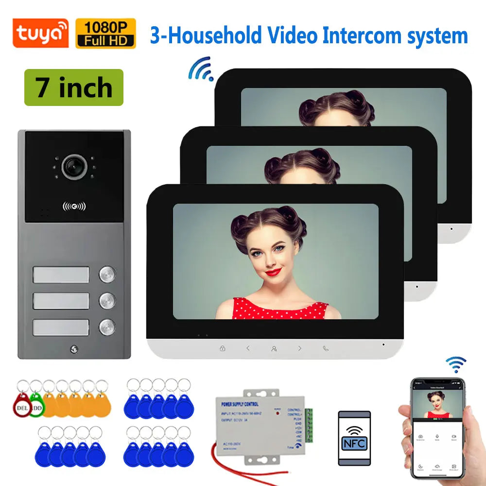 Tuya Wifi 2/3/4 Unit Apartments Residential Video Doorbell Intercom 4 Wire 7 inch Video Intercom System with RFID Card Unlock