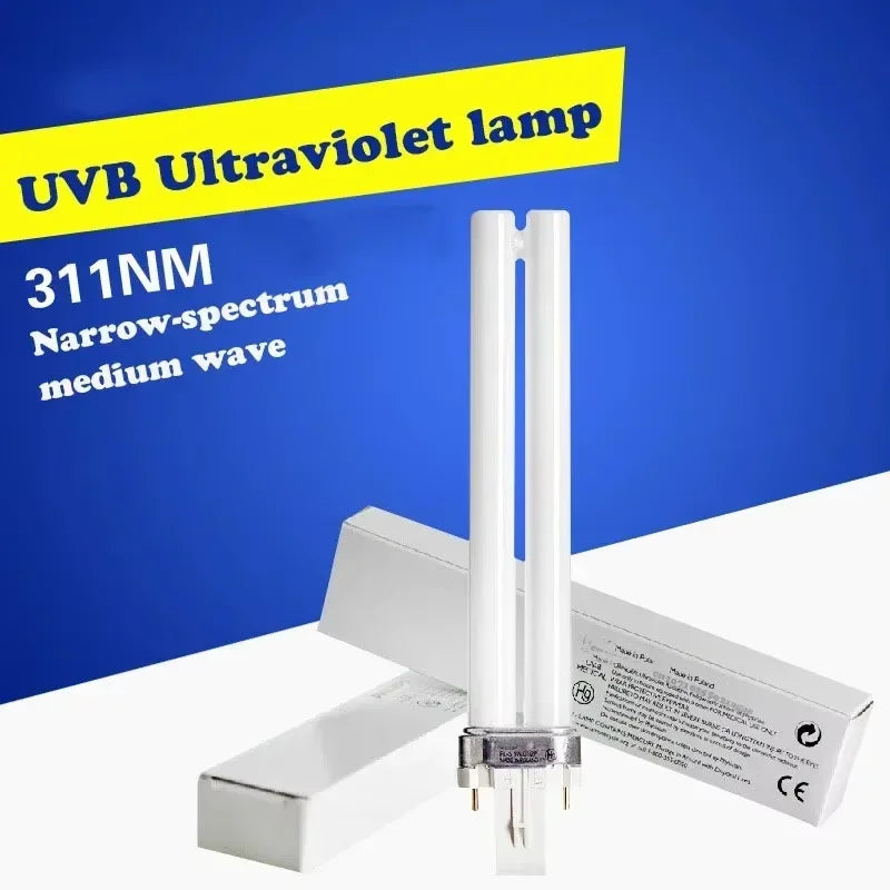 White, twin-tube 311nm UVB narrow-spectrum ultraviolet lamp for medical phototherapy, with a four-pin base.