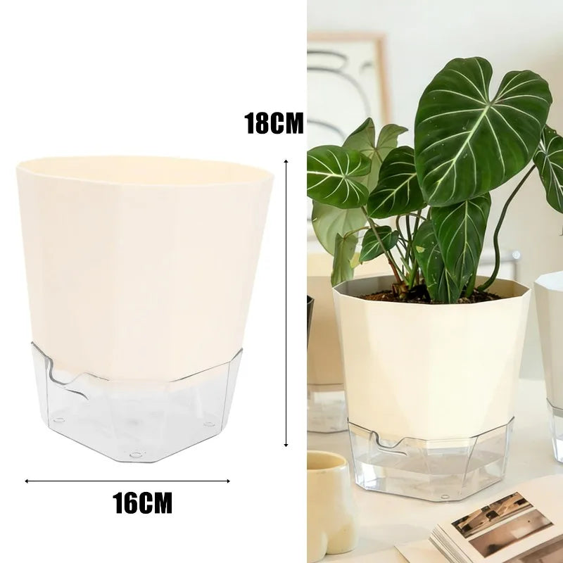 Self-watering beige plant pot with clear reservoir insert