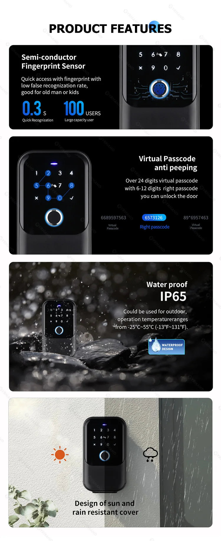 YRHAND TTlock Password Smart Fingerprint Digital Card Inteligente Tuya Electronic Portable IP66 Lock Boxes For Smart Home