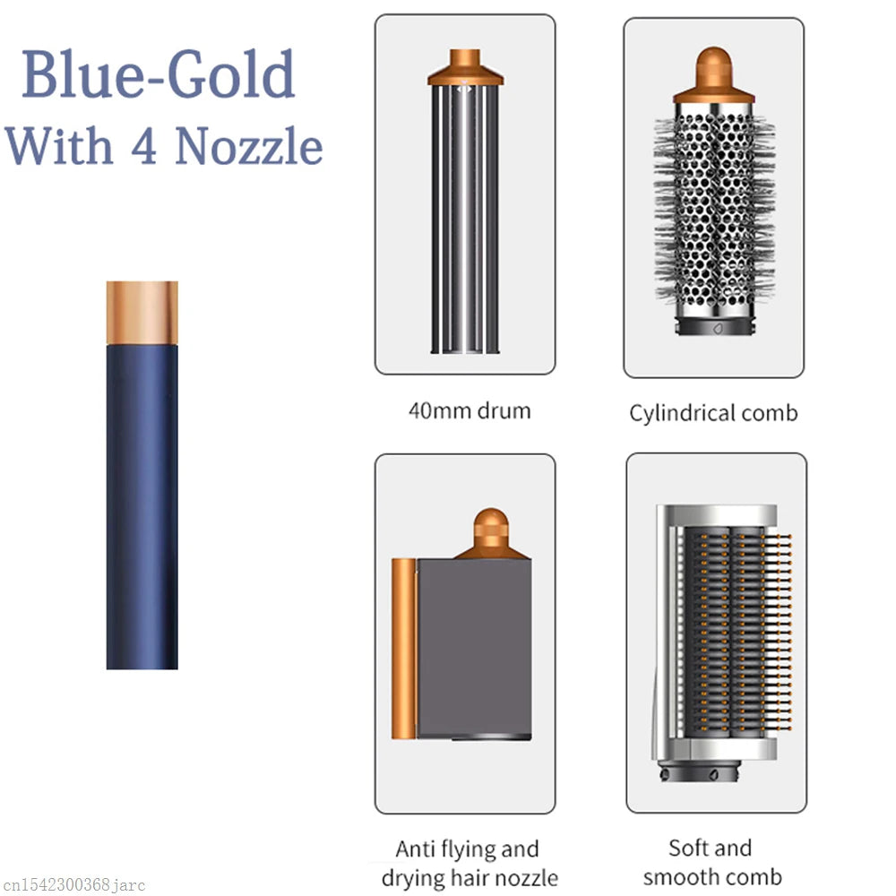 SenCiciMen X9 blue-gold multi hair styler set with 4 attachments: curling barrel, dryer, and styling brush heads.