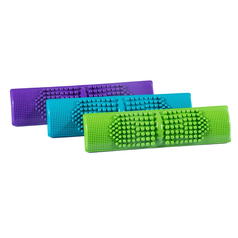 Three portable plastic reflexology foot massage mats in purple, blue, and green with acupressure nubs for pain relief.