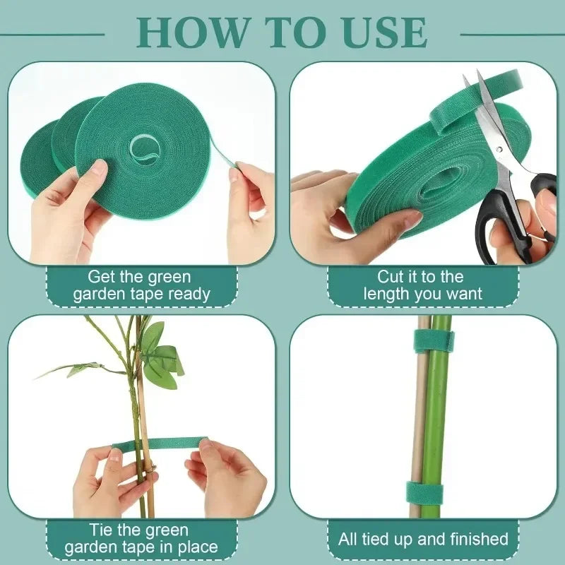 Green garden tape roll with step-by-step instructions for tying and trimming.