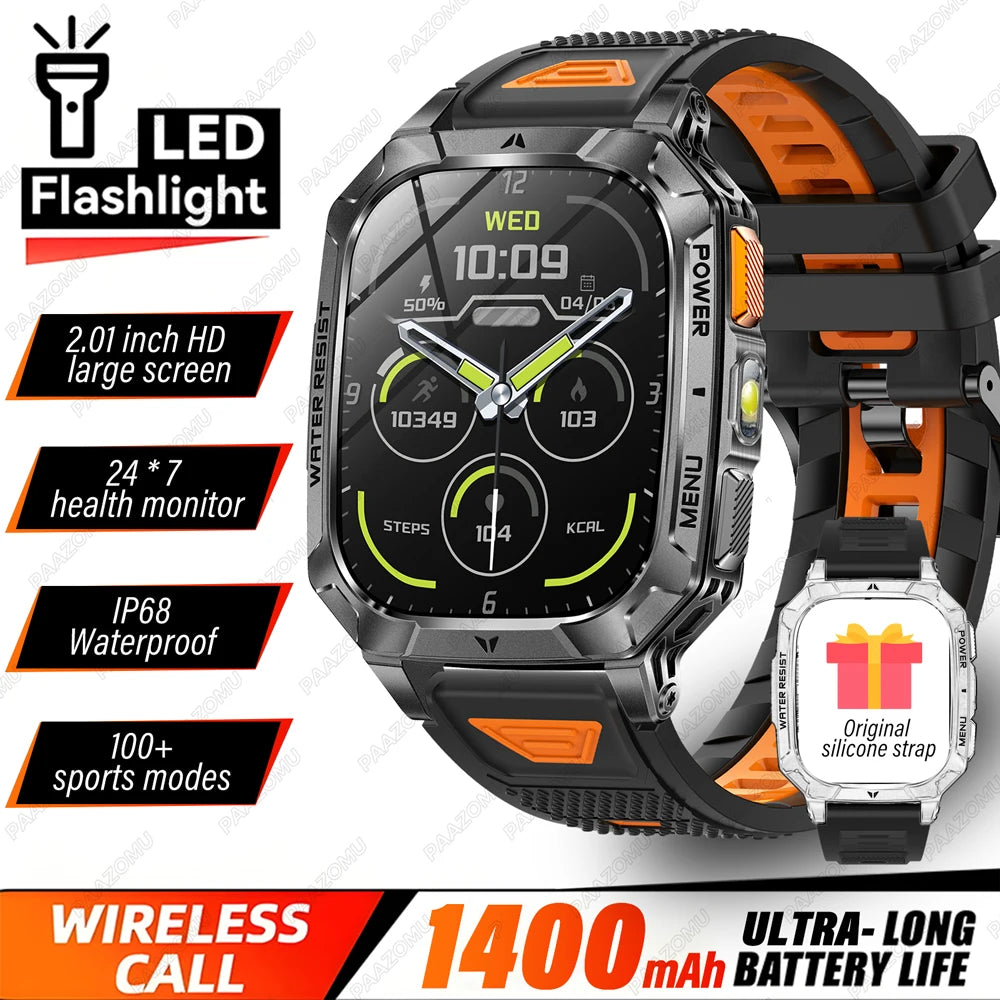 2026 New 1400mAh Big Battery Smart Watch Men Outdoor GPS Flashlight 10ATM Waterproof Bluetooth Call AMOLED HD Sports Smartwatch