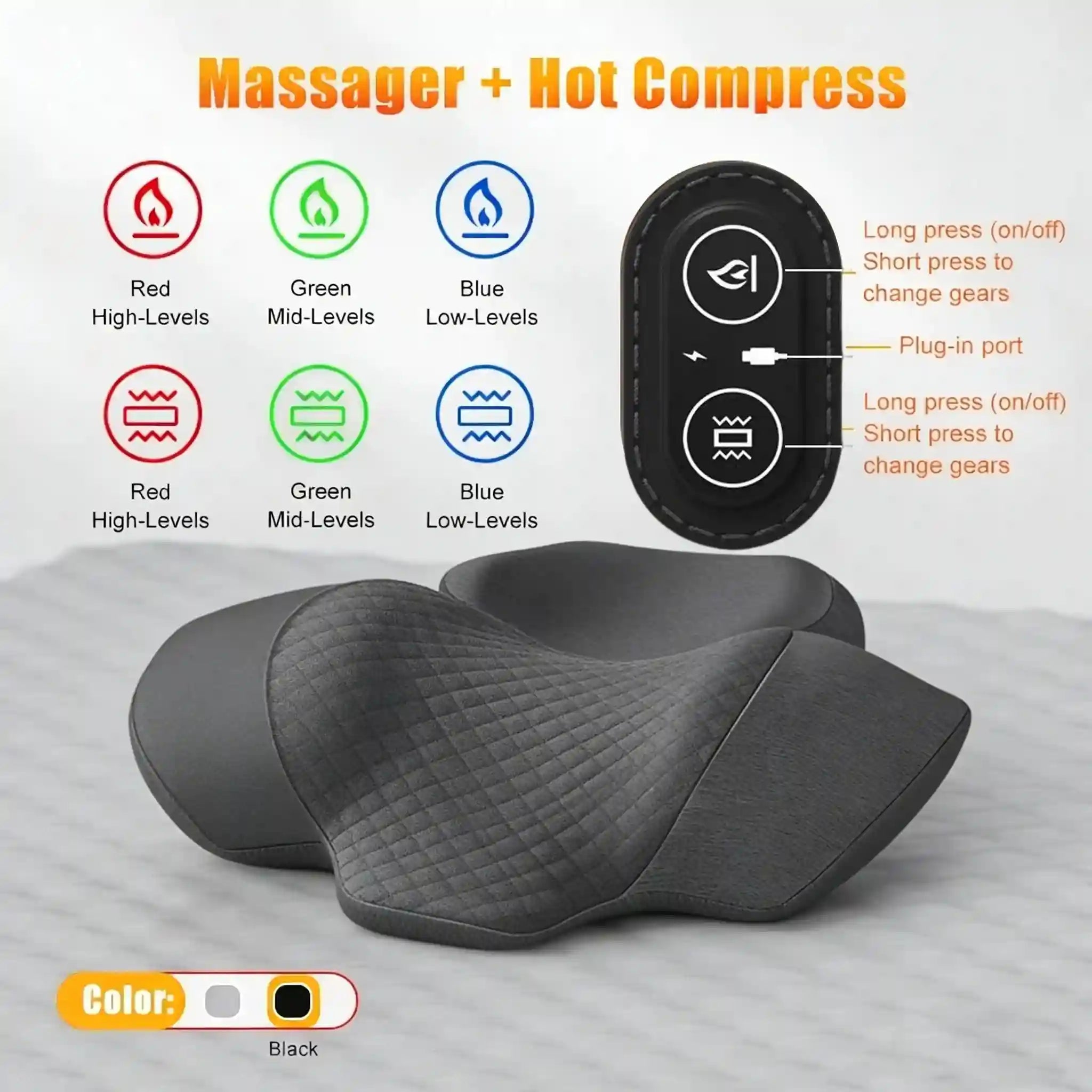 Electric Neck Massage Pillow with Heat and Vibration for Cervical Relief Massage Roller Hot-Massage C Tidesmit