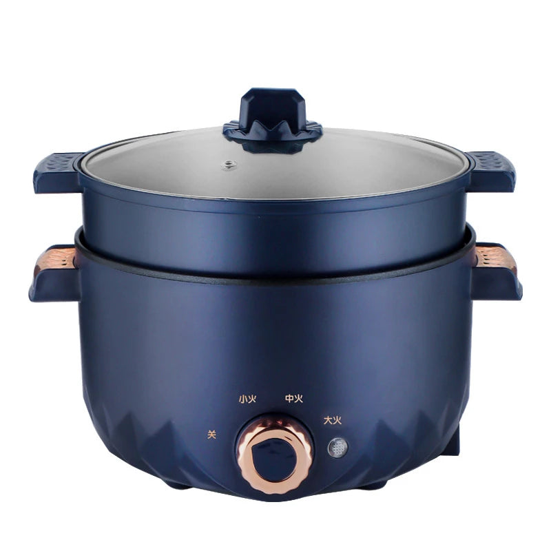 Blue electric hot pot multi-cooker with glass lid, top handle, and front control dial