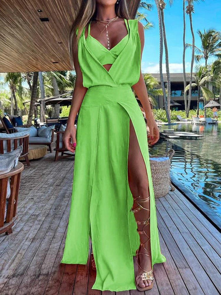 New Sexy Sets Women Summer Beach Style Printed Hollow Out Party Dress Outfit Deep V-Neck Bra Split Dress 2PCS Suits Dropshipping