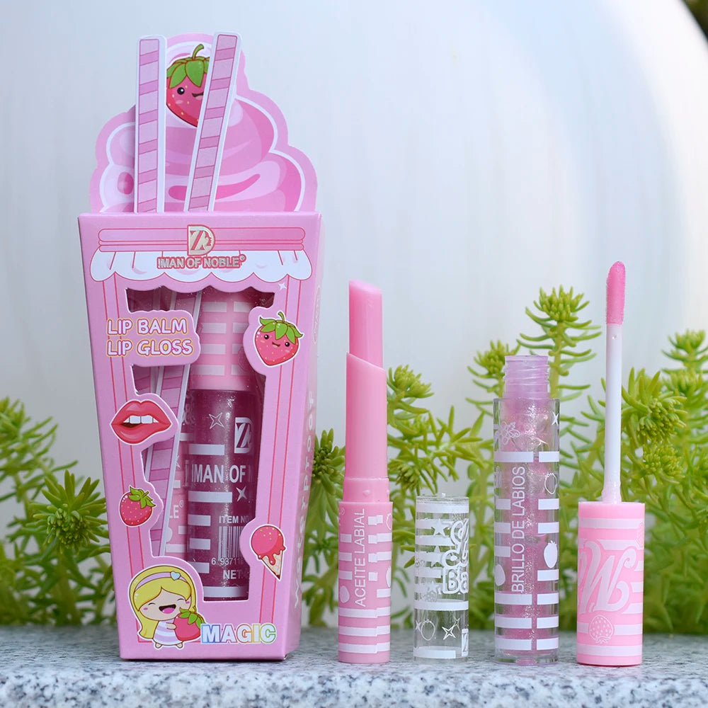 Cute pink ice cream lip balm and shiny glitter gloss set in strawberry-themed packaging for moisturizing lip makeup.