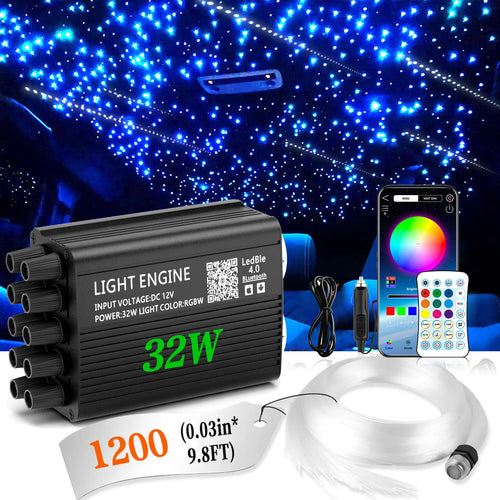 Fiber optic car ceiling light kit with light engine, remote, power cord, and cable strands