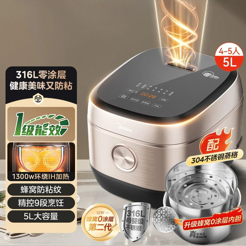 Midea 5L rice cooker with black top control panel and silver base, front view