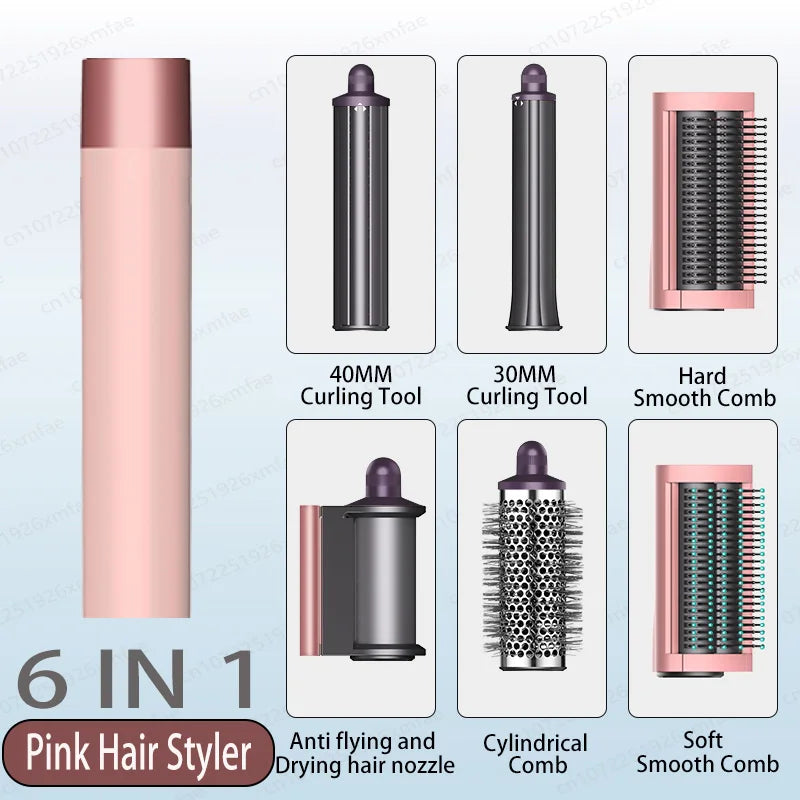 Pink 6-in-1 ionic hair styler set with high-speed dryer, curling barrels, and brushes for professional blowout styling.