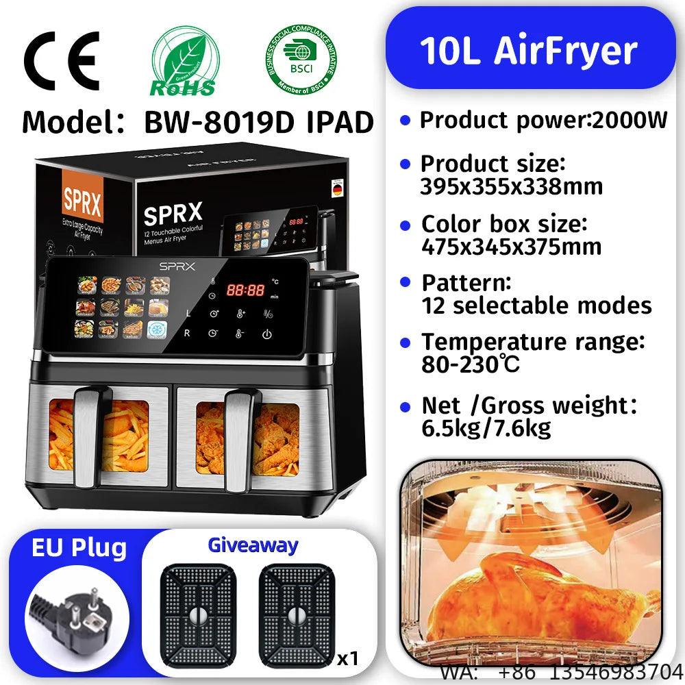 Commercial Digital Large-Capacity Touchscreen Display Stainless Steel Double Basket Smart Electric Square air Fryer Oven Home