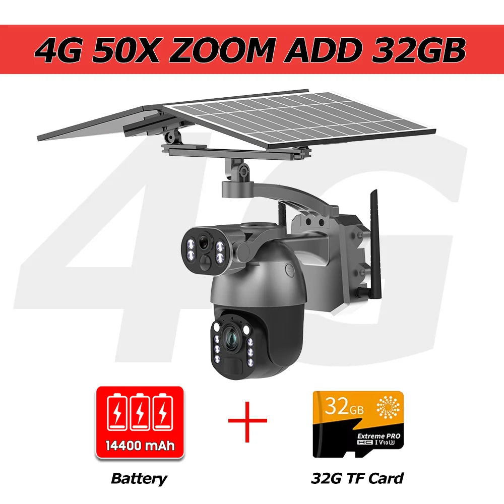 4G solar PTZ security camera kit with dual-lens body, solar panel, battery, and 32GB TF card