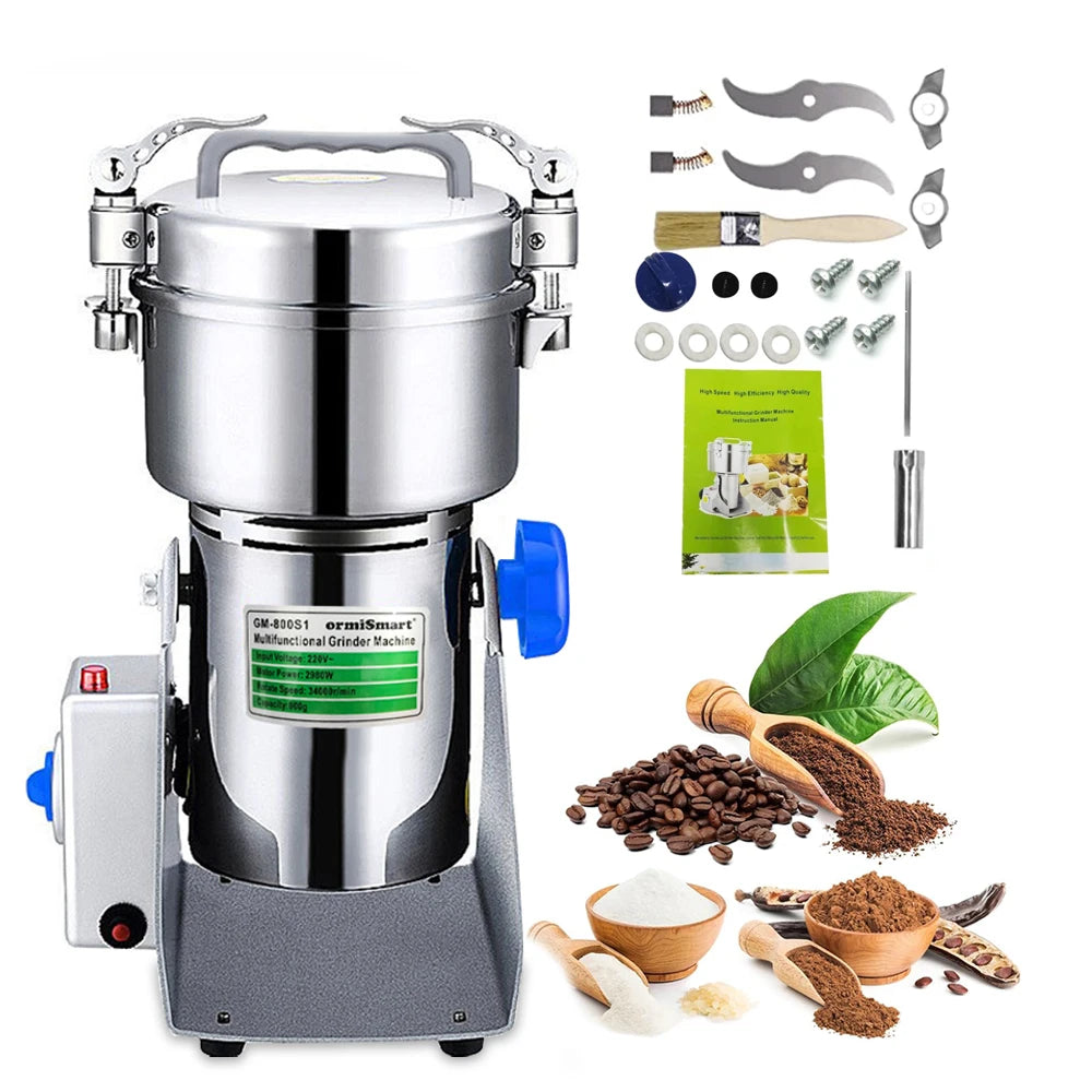 OrmiSmart 800g stainless steel multifunctional electric grain and coffee grinder machine with accessories kit.