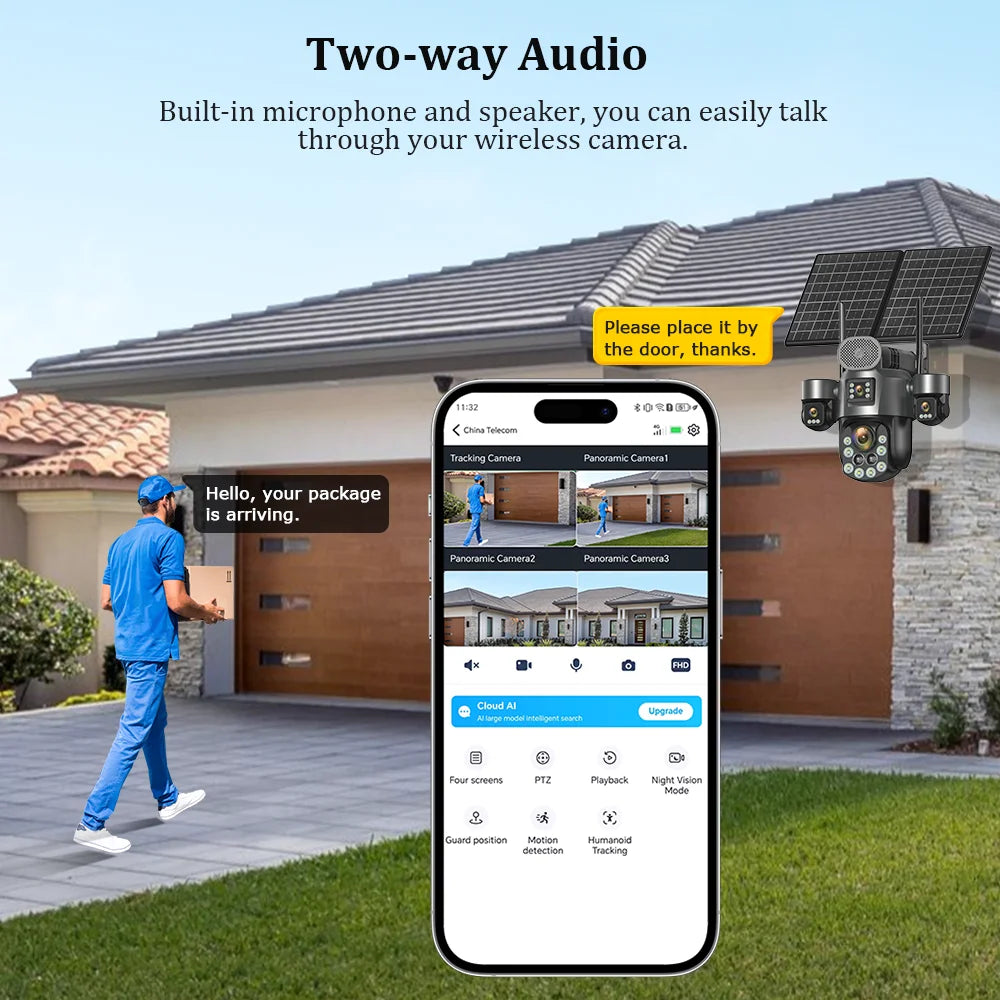 4G Solar Surveillance Camera 4‑Lens 60X Optical Zoom Human Tracking 31200MAH Battery 24‑Hour Recording Outdoor Security Cameras