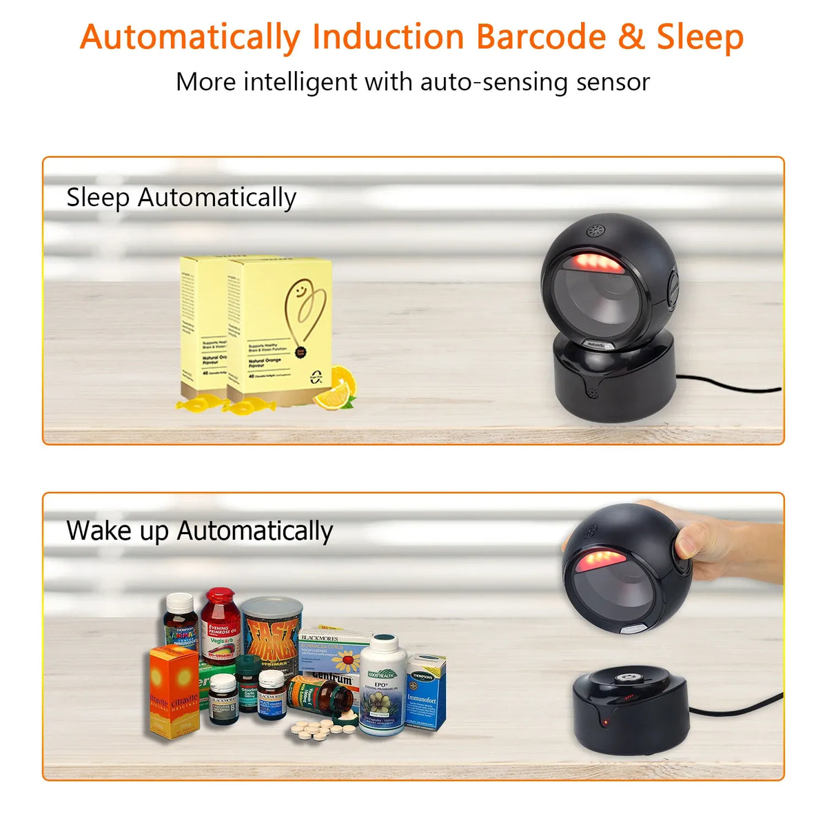 Black desktop barcode scanner in sleep and wake-up scenes with auto-sensing sensor
